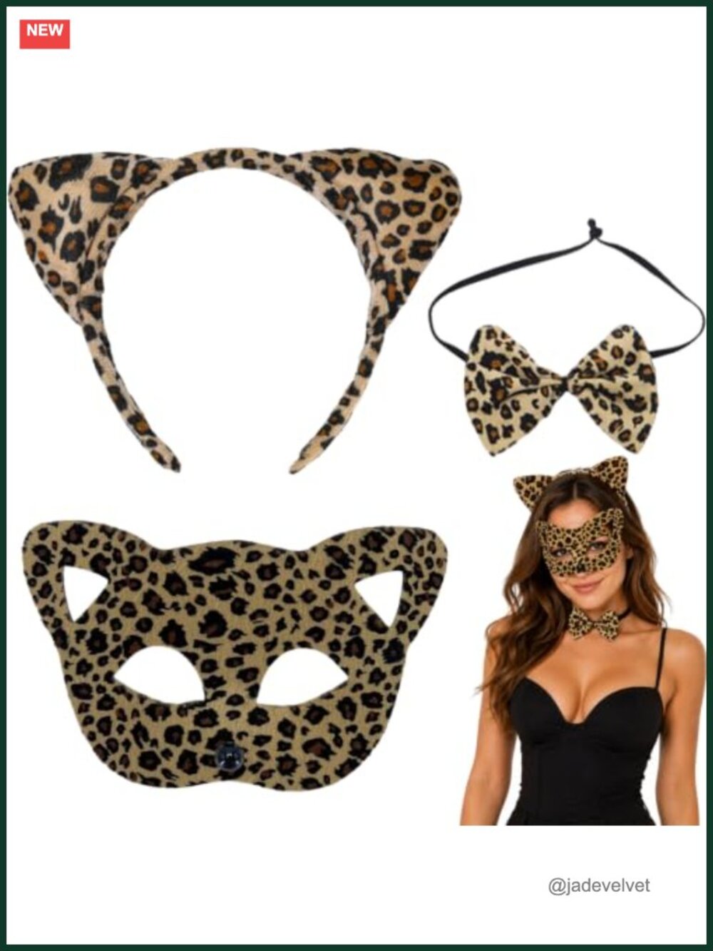 Cheetah Ears Headband Leopard Print Mask Bowtie Halloween Costume Set